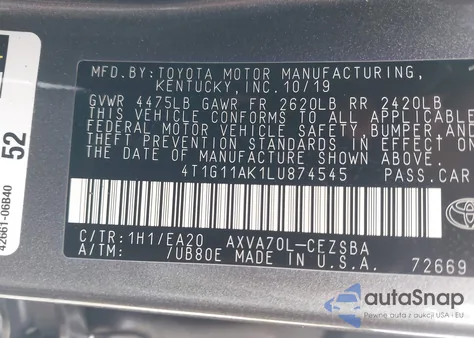 2020 Toyota Camry Se z USA, uszkodzony, nr VIN 4T1G11AK1LU874545